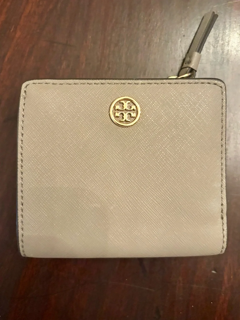 Tory Burch Taupe Leather Zip Card Wallet with Gold Logo